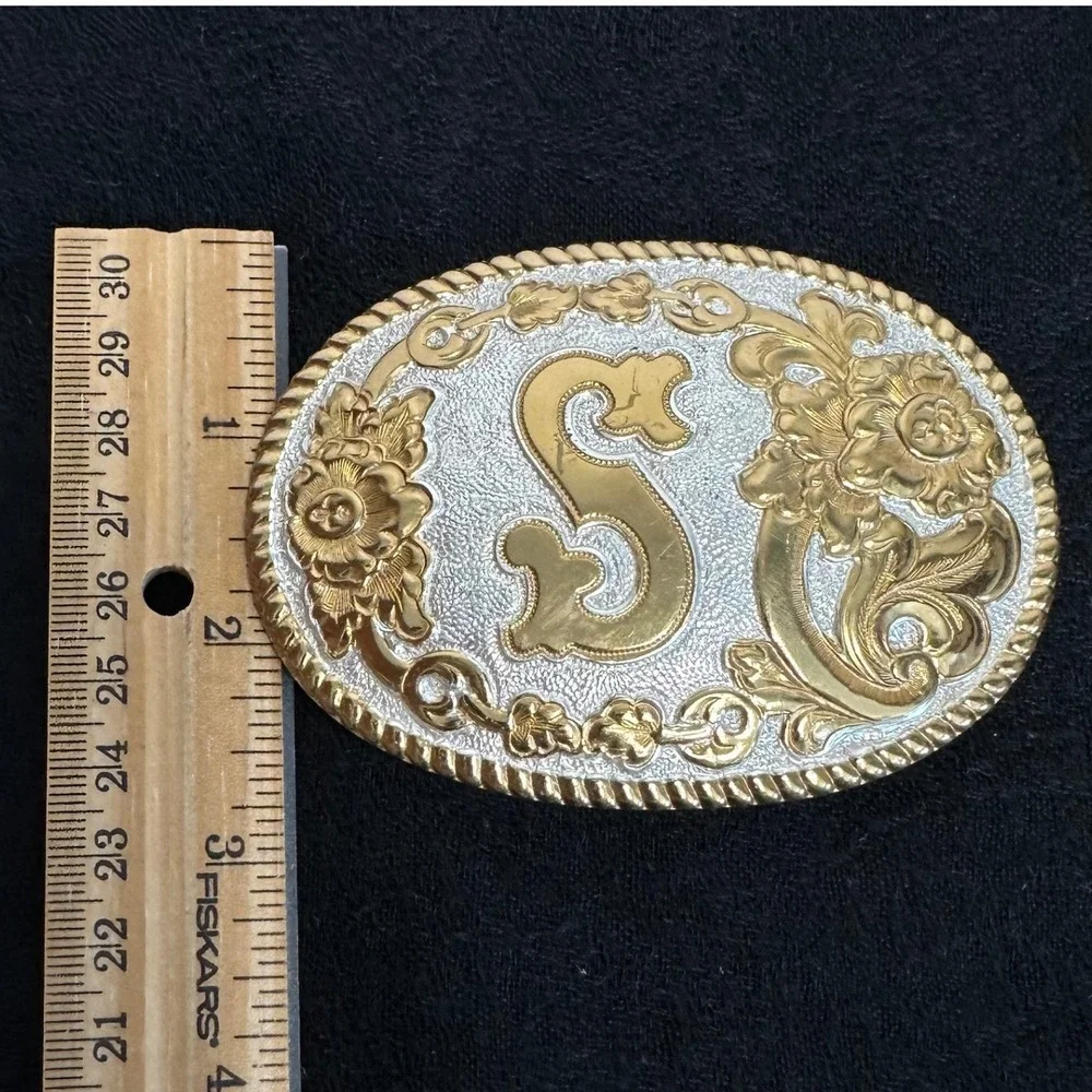 Crumrine Belt Buckle Silver Plate Jewelers Bronze Initial S Floral Western Oval